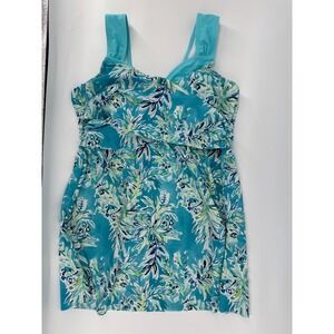 Summer Wear Aqua Blue Floral Tankini Swimsuit Top & Boy Shorts Set Women Size L
